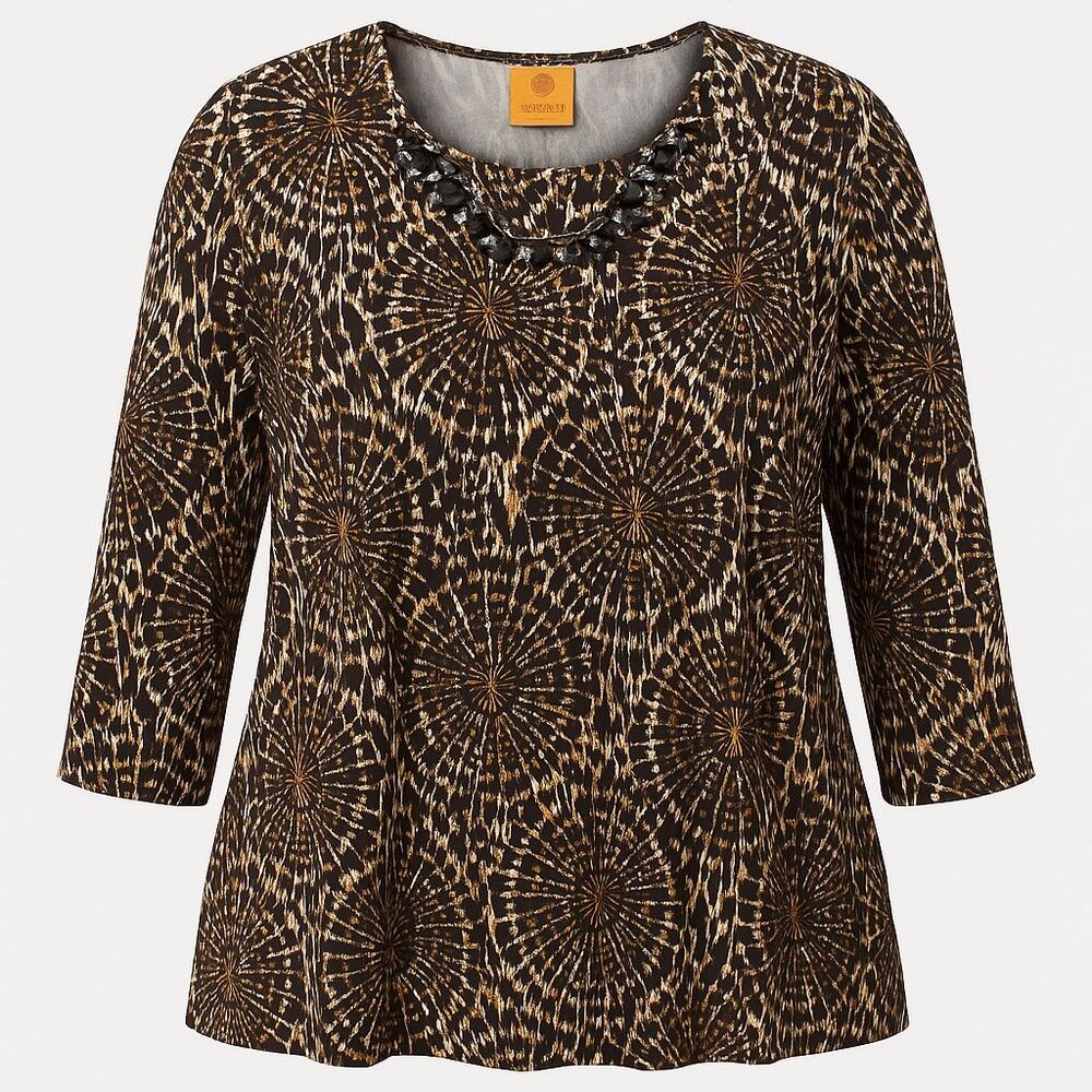 Ruby‎ Rd. 3X Beaded Neckline Abstract Print Top Brown Black White